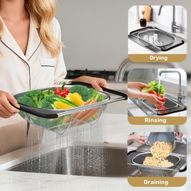 Over the Sink Colander - 6QT Strainers and Colanders - Stainless Steel Strainer - Expandable Sink Colander with Rubber Grip for Strain, Drain, Rinse Fruits, Vegetables, Home Kitchen Essentials
