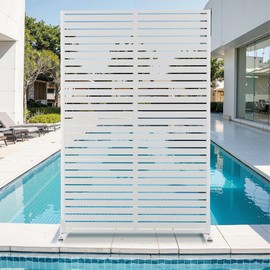 Metal Privacy Screen for Outdoor & Indoor Use, Free Standing Privacy Screen for Patio Garden Pool, 72" H x 47" W Decoative Privacy Panels, Weather Resistant, Easy Assembly (White Louvered)