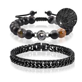 CheersLife 2 Piece Projection Bracelet Men's Stainless Steel Cuban Chain Matching Bracelet Set I Love You in 100 Languages Adjustable Bracelet Gifts for Dad Husband Boyfriend Couples, Stainless Steel,