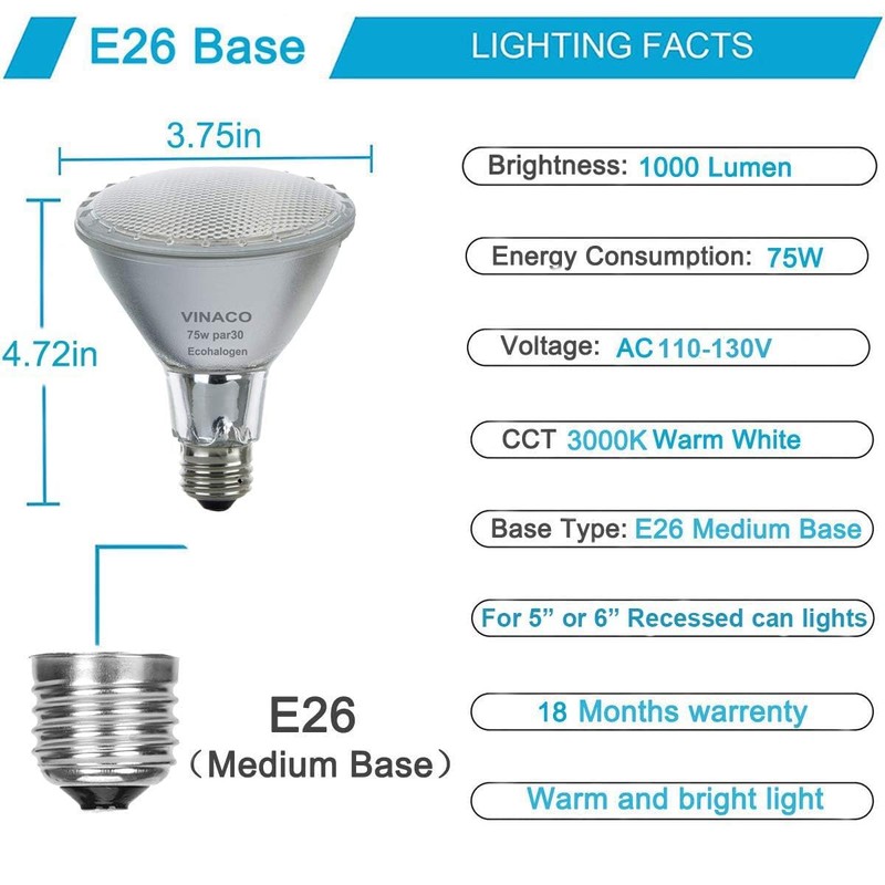 Vinaco Halogen PAR30 Long Neck 75W 120V 1000LM, 6 Pack