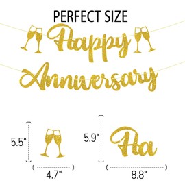 Happy Anniversary Gold Glitter Banner, Birthday Wedding Anniversary Party Decoration Supplies for Any Age