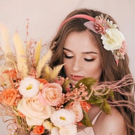 HIFANMM Flower Headband Spring Summer Hair Accessories for Women Girls, Pink White Rose Flowers Hair Bands Diamond Elegant Decoration Headdress Party Wedding Supplies Non Slip Head Band 1 Pcs