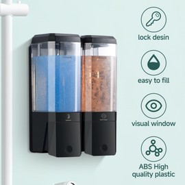Shampoo and Conditioner Dispenser 2 Chamber No Drill Shampoo Dispenser for Shower Wall Mounted Shower Soap Dispenser 2 * 500ml Refillable Shower Dispenser for Bathroom Hotel(Black 2 Chamber)