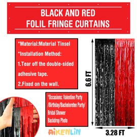 4 Pack 3.2Ft x 6.6Ft Black Red Foil Fringe Curtain Backdrop, Metallic Tinsel Foil Fringe Streamers Curtains Background for Casino Viva Las Vegas Game Night Birthday Party Decoration