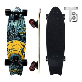 28" Cruiser Board Skateboards for Kids, Complete Double Kick Skateboard for Beginners, 7 Layer Canadian Maple Skate Board for Kids Teens Adults (Ocean)