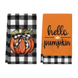 Artoid Mode Buffalo Plaid Hello Pumpkin Fall Kitchen Towels Dish Towels, 18x26 Inch Farmhouse Thanksgiving Decoration Hand Towels Set of 2
