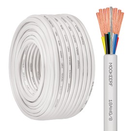 MOOKEERF 18 Gauge 8 Conductor Shielded Wire 100FT 18/8 18AWG Stranded Shielded Plenum Cable White CL3P Jacket for Low Voltage LED,Burglar System,Fire Detector,Security Station,Door Bell
