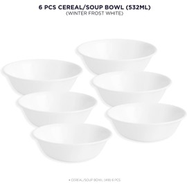 Corelle Vitrelle 6-Piece Soup/Cereal Bowl Set Triple Layer Glass and Chip Resistant, 18-Oz Lightweight Round Bowls, Winter Frost White