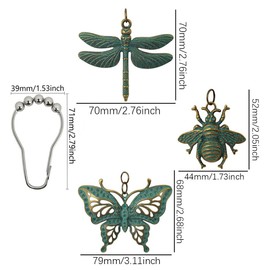 Antique Green Dragonfly Butterfly Bee Shower Curtain Hooks Rings, Rust Proof Stainless Steel Shower Hook for Natural Forest Garden Flowers Insect Theme Bathroom Decor Set 12 Pcs (Antique Green)