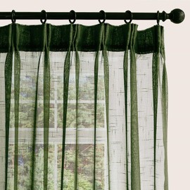 Ftinala Olive Green Sheer Curtains 90 Inches Long 2 Panels, Dark Textured Linen Look See Through Drapes, Thin Light Filtering Window Treatments, Pinch Pleat Sliding Glass Door Ceiling Curtain