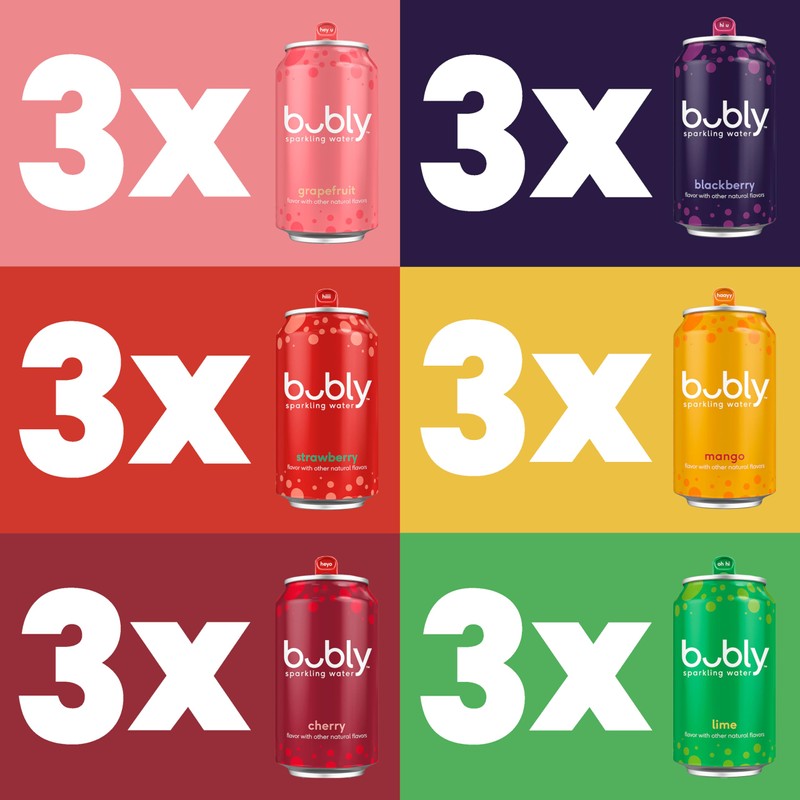 bubly Sparkling Water, 6 Flavor Variety Pack (Blackberry, Lime, Cherry,