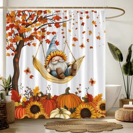 Fall Thanksgiving Shower Curtain Funny Gnome Cute Eff Pumpkins Maple Leaves Harvest Rustic Fabric Bathroom Decor Curtains with Hooks,White