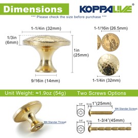 KOPPALIVE 10-Pack Solid Brass Kitchen Cabinet Knobs, Hammered Gold Drawer Knobs, Round Dresser Drawer Pulls and Handles, Modern Furniture Hardware, Diameter 1-1/4 Inch