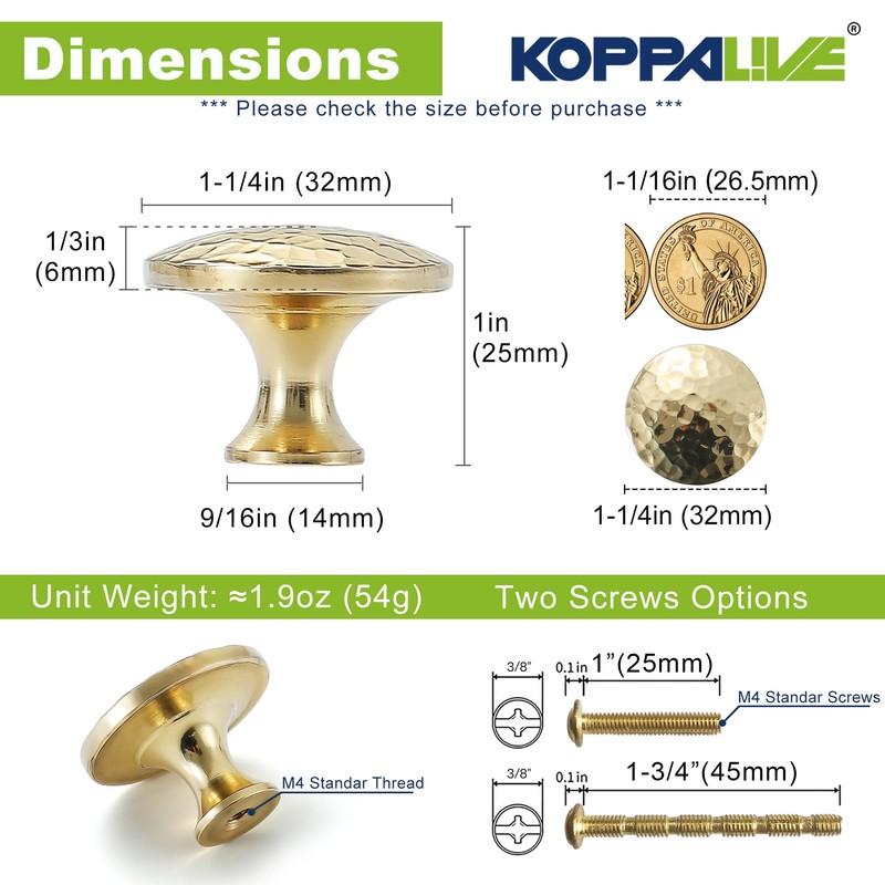 KOPPALIVE 10-Pack Solid Brass Kitchen Cabinet Knobs, Hammered Gold Drawer