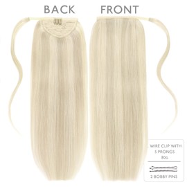 WENNALIFE Ponytail Hair Extension, 22 Inch 90g Ash Blonde Highlighted Platinum Blonde Ponytail Extension Human Hair Clip in Wrap Around Remy Human Hair Extension Hairpieces Real Human Hair