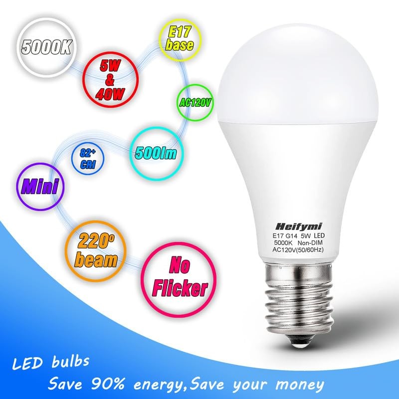 Heifymi E17 Intermediate Base LED Bulb, 5 Watts(40 Watts Equivalent),