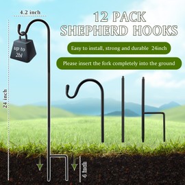 Yetene 12 Pcs 24 Inch Shepherds Hook for Outdoor Adjustable Bird Feeder Pole Metal Steel Shepard Hooks for Hummingbird Stand Feeder Pole for Garden Plant, Lantern, Hanging Wedding Decor