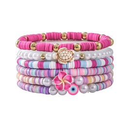 Lovely Heishi Bracelets Set Tropical Flower Colorful Soft Clay Bracelet Shell Star Boho Pearl Summer Flower Charm Luau Beach Party Accessories for Women Friends Beaded Turtle Polymer Clay Bracelets Gifts Birthday Unique Jewelry -Style A