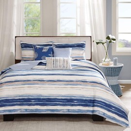 F&W 6 Piece Trendy Blue Tan White King/Cal King Coverlet Set, Striped Themed Bedding Contemporary Nautical Coastal Watercolor Navy Aqua Ocean Seashells Beautiful Seaside Beach Water Nature, Polyester
