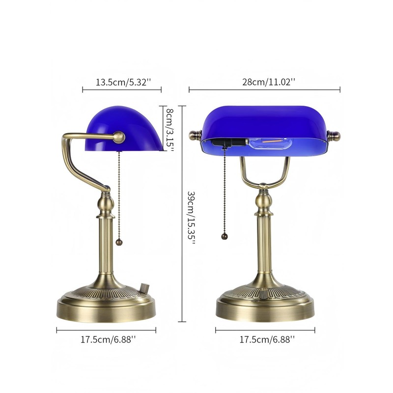 Newrays Blue Glass Bankers Desk Lamp, Stepless Dimmable Table Lamp
