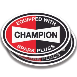 The Decal And Sticker Mafia CHAMPION SPARK PLUGS DECAL Vintage 2 Stickers Bogo For Car Window Bumper Truck - 3.5"W x 2.4"H