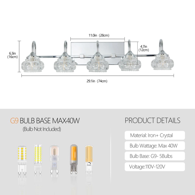 29" Nickel Finish Vintage Crystal Vanity Light - Elegant 5-Light