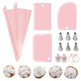 Ai-OUMLEEF Piping Bags, Piping Bags and nozzles, Icing Piping kit,Nozzles Set with Converter, Premium Stainless Steel Piping Nozzles for Decorating Cakes & Cupcakes(15pcs Pink)