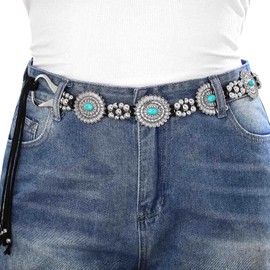 Navoky Western Concho Belt Woman Turquoise Cowgirl Rope Waist Belts Silver Country Concert Outfit Hippie Belts for Jean (D)