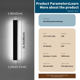 Daoseolo 31.4inch Modern Outdoor Wall Sconce, 6000K Cold White LED Outside Wall Light Fixture, IP65 Waterproof, 31W, Black Minimalist Exterior Lighting Patio Lamp for House, Porch, Garage, Garden