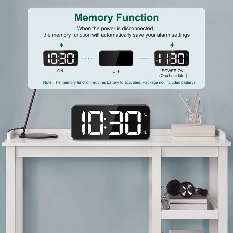 HERMIC Alarm Clock Bedside Mains Powered Large Digital Led Display,