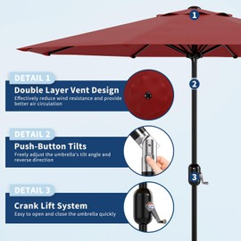 9Ft Patio Umbrella - 8 Sturdy Ribs Outdoor Table Umbrella with Crank Lift & Push Button Tilt - Market Umbrella for Pool, Deck, Yard, Garden - Red