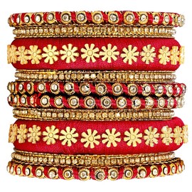 Aheli Synthetic Stone Studded 2.6 Inch Red Silk Thread Bangles Set Ethnic Fashion Jewellery Gift for Women