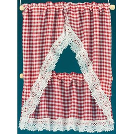 Melody Jane Dollhouse Red Gingham Kitchen Curtains & Valance on Rail Miniature Accessory