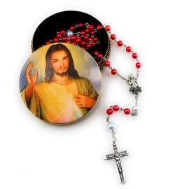 Divine Mercy Rosary Gift Set. Includes Jesus Christ Divine Mercy Metal Rosary Box Tin Case and Pearl Red and White Rosary with Divine Mercy Figurine Silver Metal Centerpiece