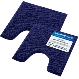 WohnDirect Bath Mat Set of 2 – Dark Blue 45 x 45 cm with Toilet Cut-Out – Non-Slip & Washable – Bath Mat, Bathroom Rug, Toilet Mat