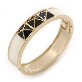 Avalaya White Enamel, Black Square Pyramid Stud Hinged Bangle Bracelet In Gold Plating - 19cm L