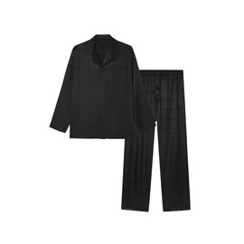 JupiterSecret Men's Silk Pajamas Set Long Sleeve Button-Down Sleepwear With Pockets Black