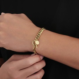 KRKC&CO Men’s Bracelets, OT Toggle Clasp Cuban Bracelet 14K Gold Plated Stainless Steel 8mm, Anti-Tarnish Nickel-Free, Streetwear Urban Chunky Bold Gold Wrist Chain for Man Youth, Cuban Link-8.3in