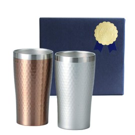 Maehata 29827 Thermo Tumbler, Pair of Silver & Bronze, Vacuum Insulated, Double Layer, Stainless Steel, Premiere Aoyama, Luxe, 11.5 fl oz (340 ml), Gift Wrapped (Navy Wrapped Paper)
