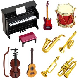 Miniature Accessories, 10 Pieces Dollhouse Mini Musical Instrument Model, Miniature Dollhouse Set, Miniature Decorative Mini Dollhouse, 1:12 Piano Electric Guitar Miniature Violin Trumpet Saxophone