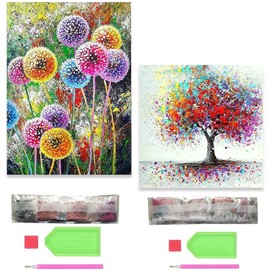 VEGCOO 2 Pack 5D Diamond Painting Kit, DIY Diamond Painting Full Kits Art Full Drill Set for Adults or Kids, Home Wall Decor Colorful Tree(35 * 35cm) and Dandelion(30 * 40cm)