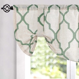 jinchan Tie Up Valance for Windows Moroccan Tile Print Kitchen Window Curtain Quatrefoil Flax Linen Textured Valance Curtain Geometry Lattice Valance Rod Pocket 1 Panel 18 Inches Length Sage on Beige