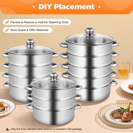 5-Tier Stainless Steel Steamer,Meat Vegetable Cooking Steamer Pot Multi Layer Stackable Kitchen Cookware,Large Steaming Pot Cookware for Steaming Veggie, Grains,Couscous, Pasta,Dumplings (Silver, 5-Tier,26cm)