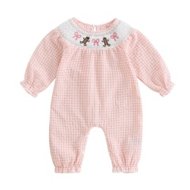 Kayotuas Newborn Baby Girl Christmas Outfit Santa Ruffle Sleeve Bubble Romper Smocked Jumpsuit Bodysuit Fall Winter Clothes (Gingerbread-Pink, 6-12 Months)