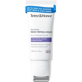 TEREZ & HONOR Gua Sha Neck Firming Cream: Korean Skin Care, Retinol, Collagen & GHK-CU Copper Peptide - Tightening & Lifting for Neck, Face & Décolleté with Built-In Massage Roller, 1.7 FL OZ