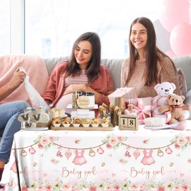 Lenyunge 3 Pack Baby Shower Tablecloth Decoration,Floral Baby Girl Baby Shower Decoration Waterproof Pink Flower Baby Shower Tablecloth for Girl Baby Shower Gender Reveal Party Decoration