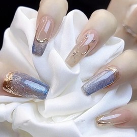 24 Pcs Press on Nails Medium Coffin,Blue False Nails with Gold Moon and Stars Designs,Coffin Medium Stick on Nails for Women and Girls Nails Art