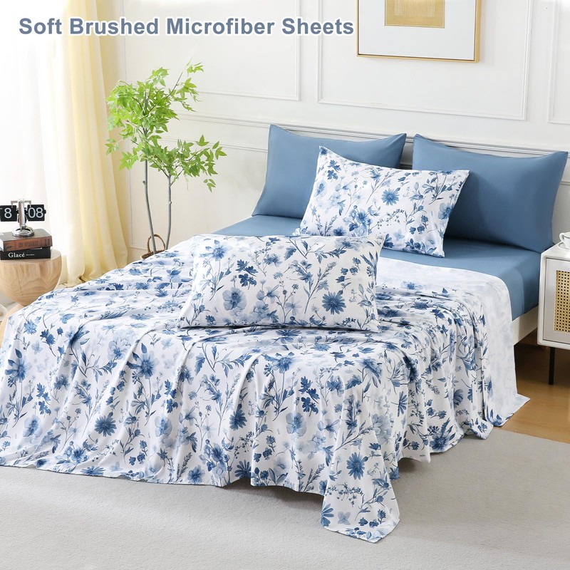 Botanical 6-Piece Queen Bed Sheets Set, Boho Floral Print Brushed