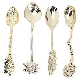 Juego de cucharas de café vintage 4 piezas Cucharadita de helado de metal tallado Cuchara de postre Cucharas de té espresso Cucharas para revolver y sumergir Mini cubiertos(Oro)