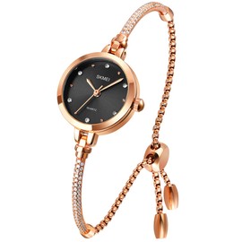 SKMEI Women Bracelet Watches, Diamond Small Fashion Luxury Thin Waterproof Analog Quartz Casual Rose Gold Wrist Watch Gifts, black, 24